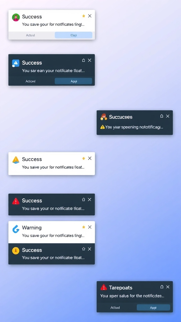 Toast Notification UI Design Guide A collection of toast notifications displaying success, error, and warning messages in a modern UI design.